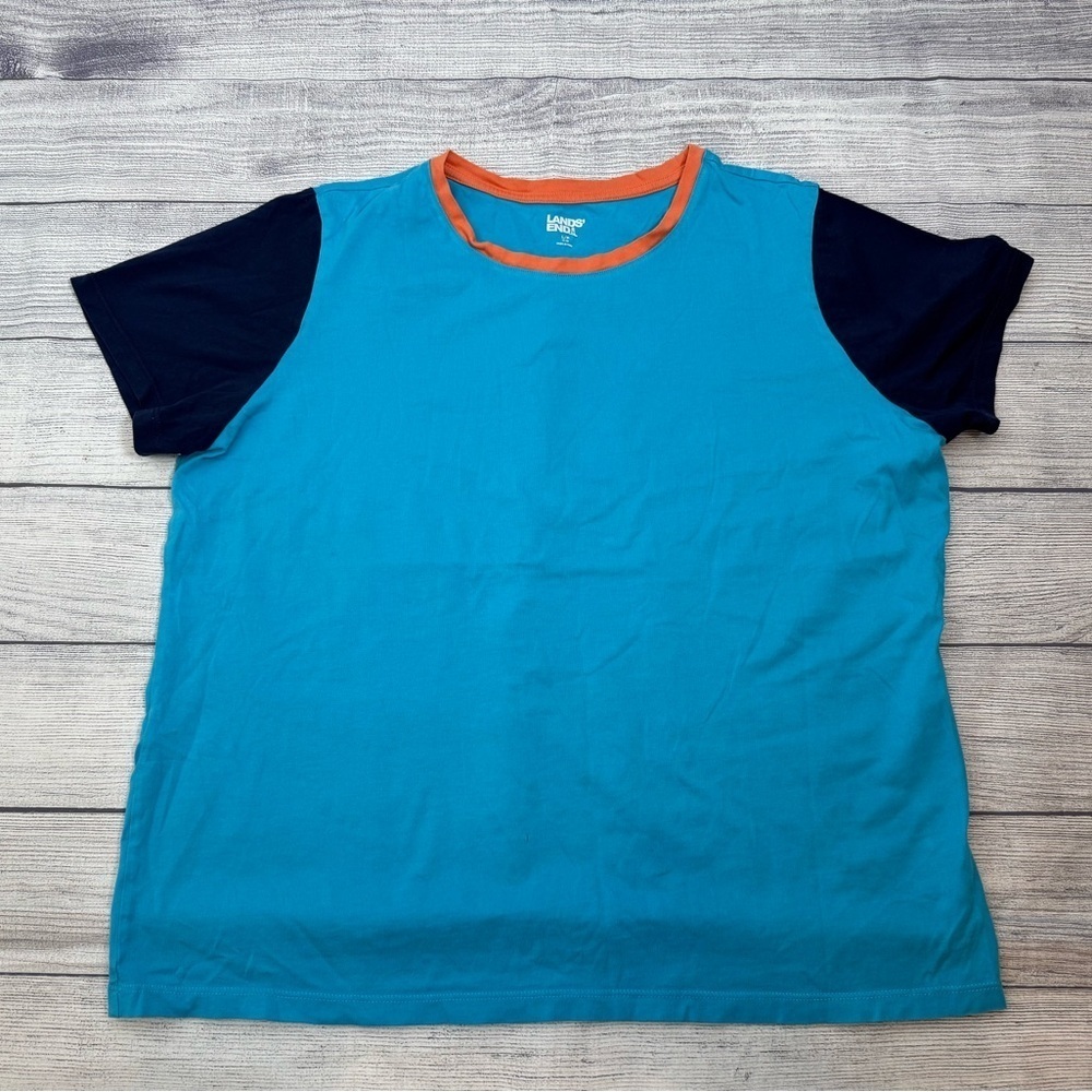 Lands' End Blue Tee with Orange Trim and Navy Sleeves 100%corton/size LP